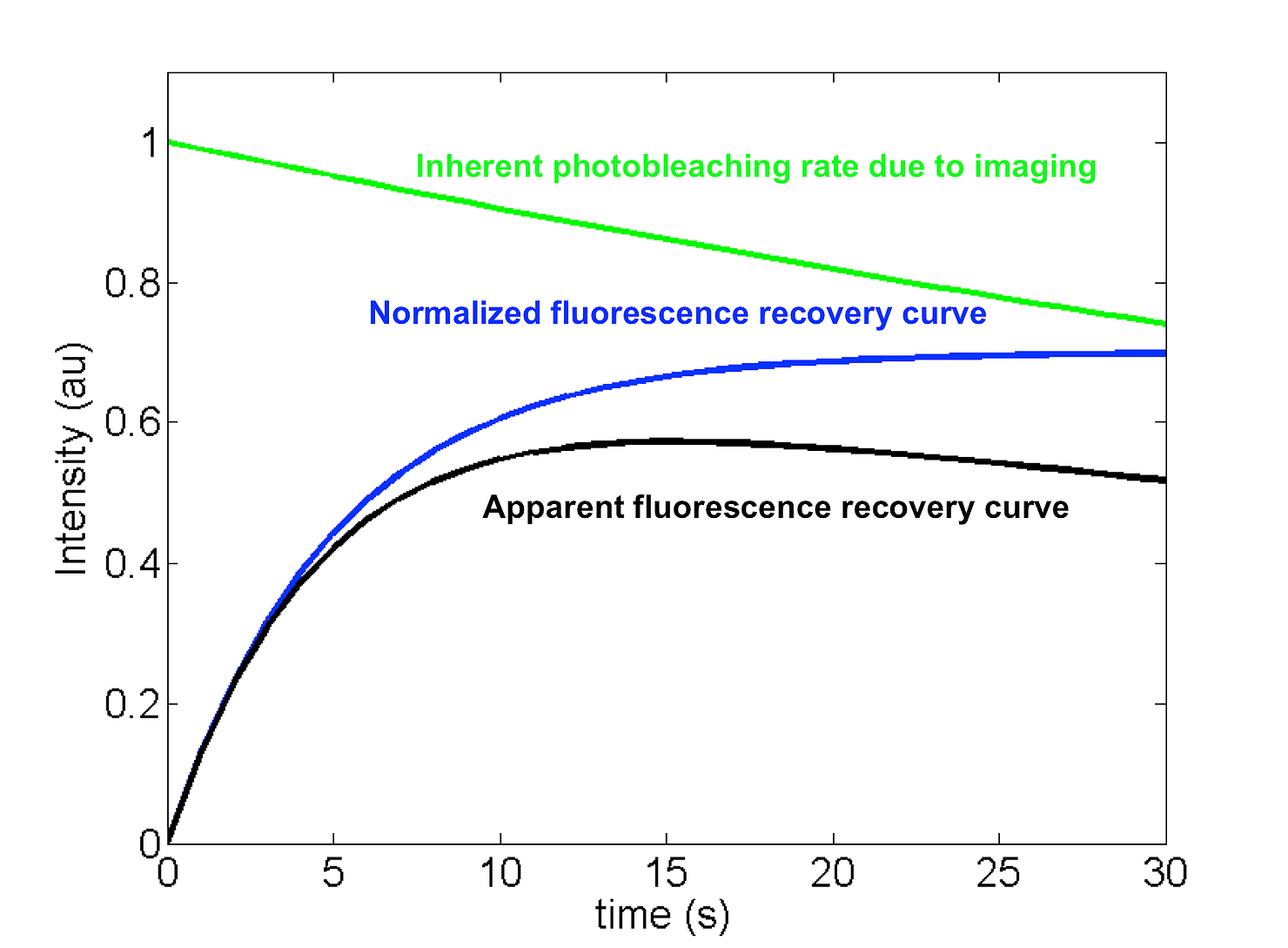 Figure 3. Inherent imaging-related photobleaching of the fluorophore will affect the recovery rate. Most fluorophores will bleach during the course of imaging as traced by the green line. This inherent photobleaching event will skew the fluorescence recovery rate if not corrected. To obtain the inherent bleaching rate, image a neighboring cell in the same field of view if possible. Another way is to capture a few timelapse images before introducing the strong photobleaching pulse to begin the FRAP experiment. The time-dependent fluorescent intensity can then be extracted from the fluorescent intensity plot.